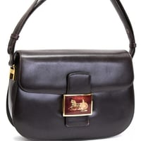 CELINE Horse Carriage Hardware Flap Sholuder Bag Leather Dark Brown #74802