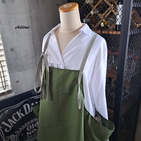 【背中がかわいい】エプロンドレス：オリーブ×ライムグレー【0894】