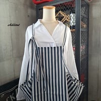 【背中がかわいい】エプロンドレス：リネン：ネイビーストライプ【1094】