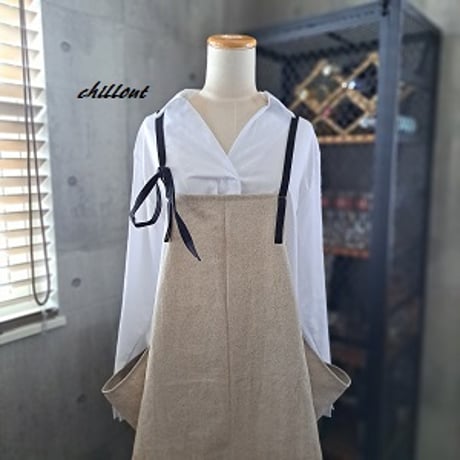 【背中がかわいい】エプロンドレス：ワッシャーリネン×ブラック【0634】