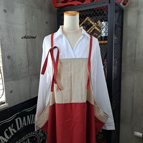 【背中がかわいい】エプロンドレス：リネン×レッド【0988】