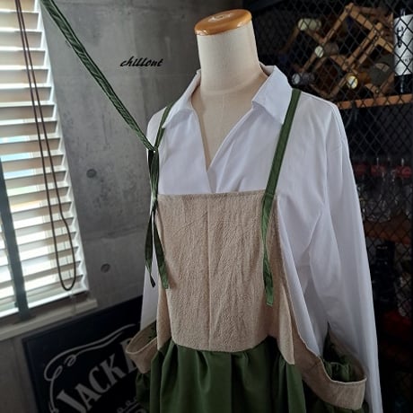 【背中がかわいい】マキシギャザー：ワンピース：カーキ×リネン【0978】