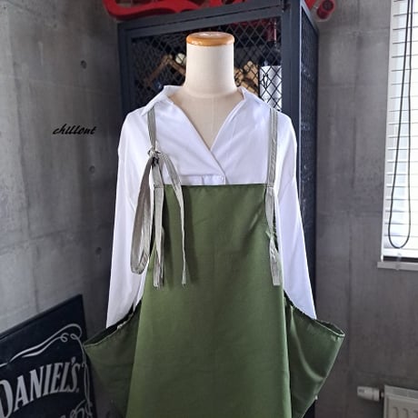 【背中がかわいい】エプロンドレス：オリーブ×ライムグレー【0894】