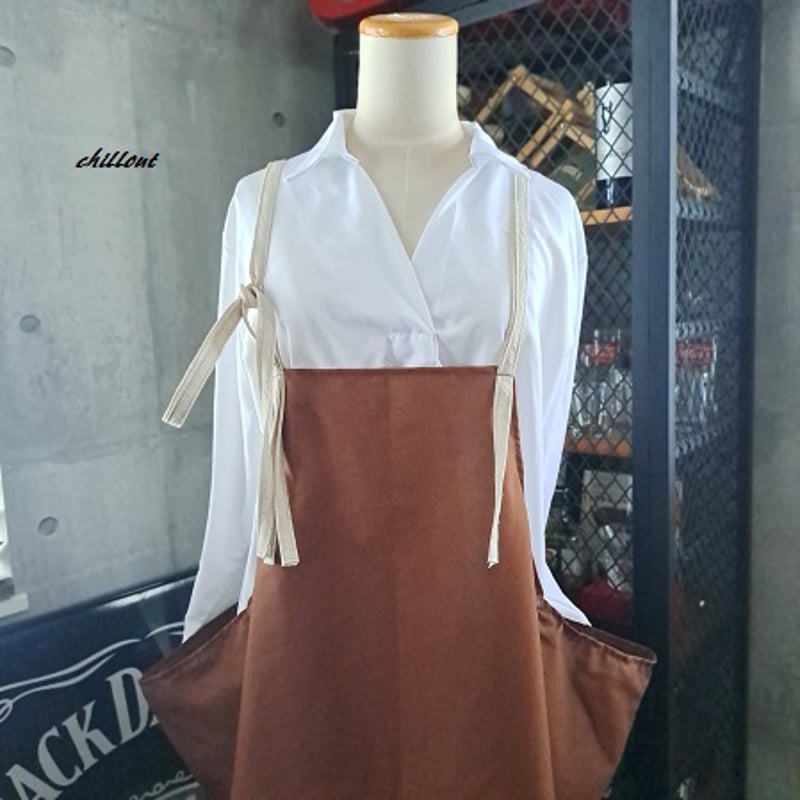 背中がかわいい】マキシ：エプロンドレス：ブラウン×リネン【1030