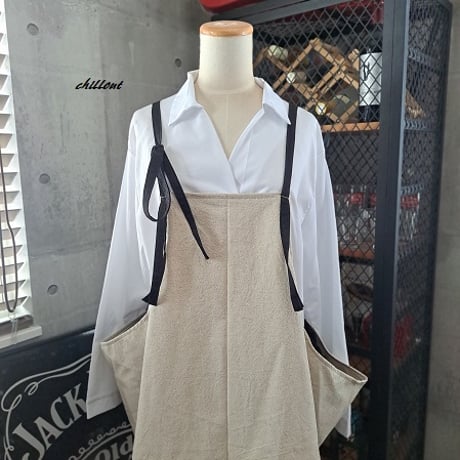 【背中がかわいい】エプロンドレス：マキシ：ワッシャーリネン×ブラック【1040】