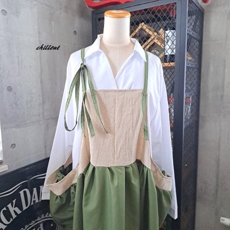 【背中がかわいい】マキシギャザー：ワンピース：カーキ×リネン【0978】