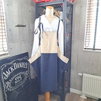 【背中がかわいい】エプロンドレス：リネン×ネイビー【0994】