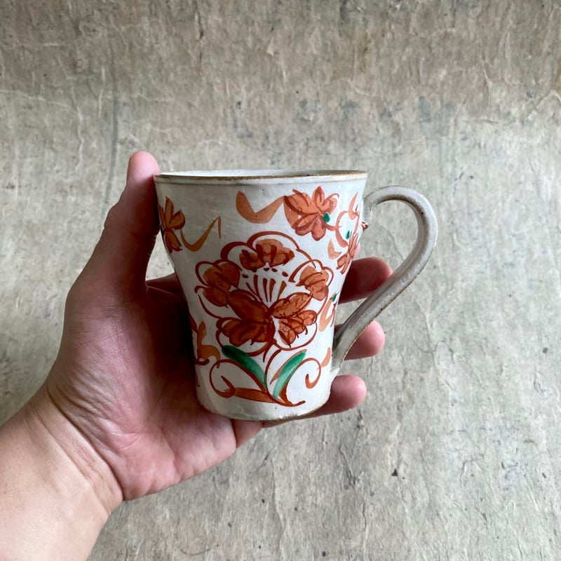 🔶SALE🔶岐阜 秀峰窯中垣連次 粉引赤絵牡丹唐草マグ | MatsuBokkuri