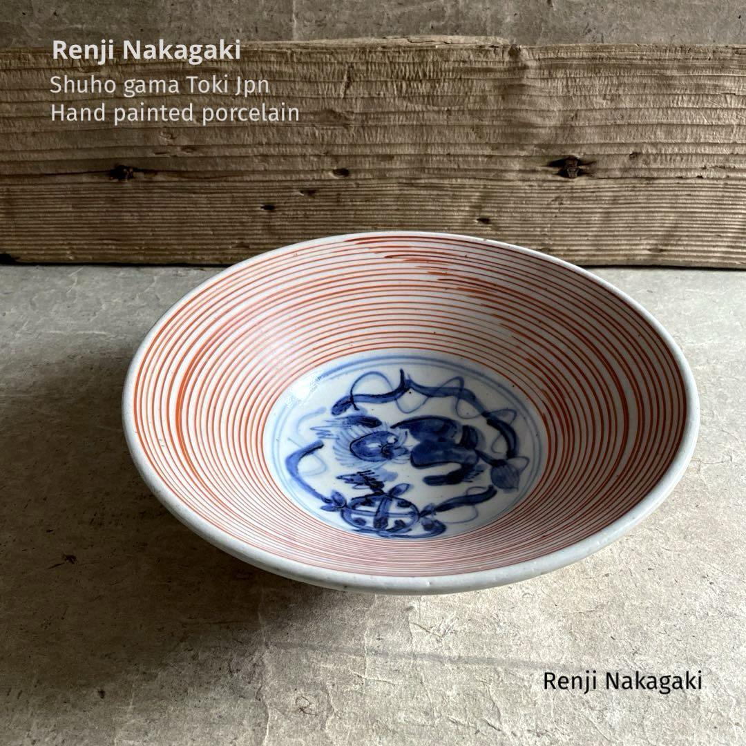 魯山人写し　中垣連次作　秀峰窯　染付赤絵絵変り　小丼　5個　多用鉢　麺鉢 魯山人写し 中垣連次作 秀峰窯 織部 蟹文 蓋碗 小丼 蓋付中鉢