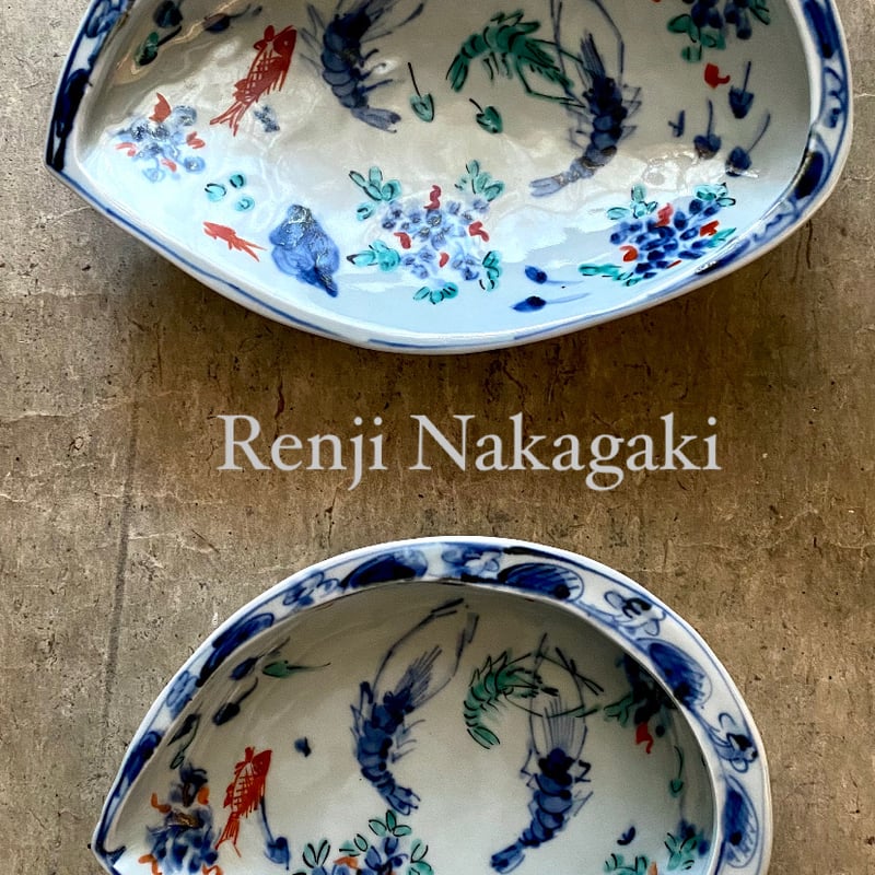 🔶SALE🔸 中垣連次 魯山人写し 染付色絵藻魚紋 貝鉢（中） | MatsuBokkuri