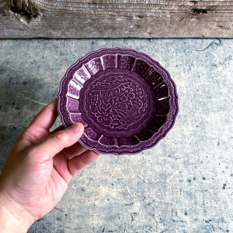 🔶SALE🔶 有田焼 福泉窯 紫釉花鳥彫5寸皿 | MatsuBokkuri