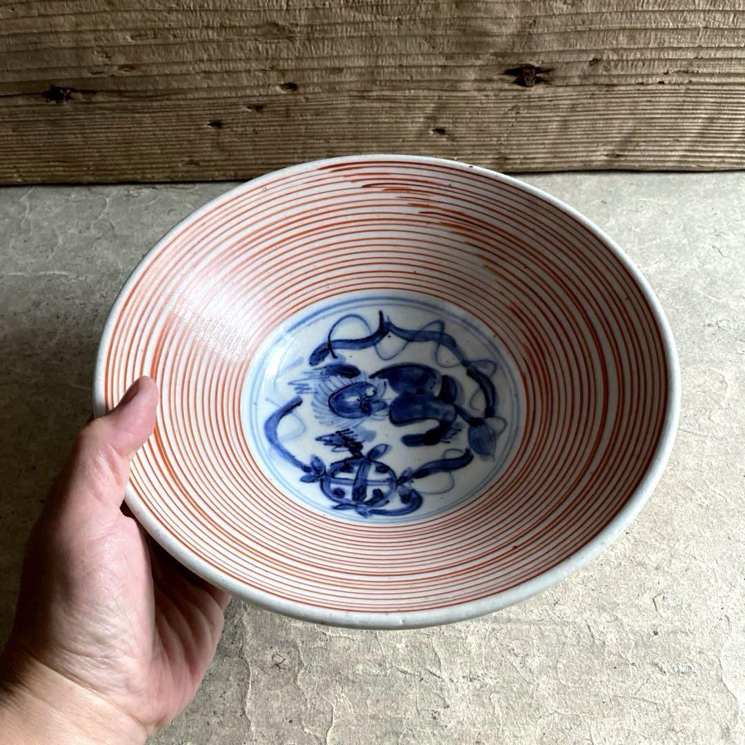 🔶SALE🔶岐阜 秀峰窯中垣連次 呉須獅子赤絵駒筋多用浅鉢（大