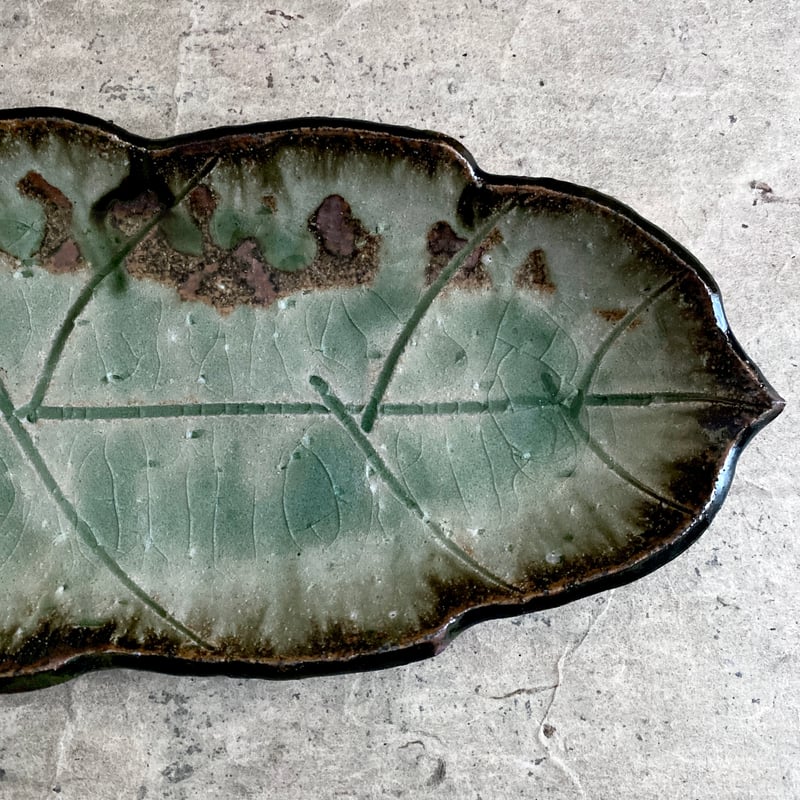 益子焼 古賀賢二 灰釉葉型大皿 | MatsuBokkuri