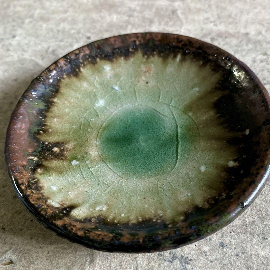 骨董４ 蘇山？緑色の陶器製老賢者像 約20cm 益子焼 古賀賢二 灰釉豆皿 | MatsuBokkuri