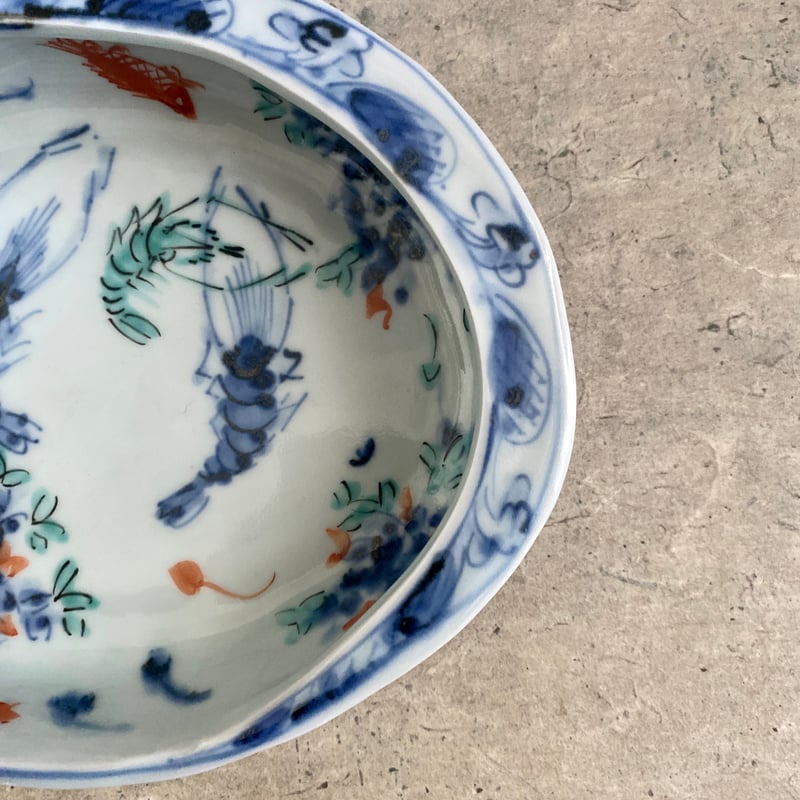 🔶SALE🔸 中垣連次 魯山人写し 染付色絵藻魚紋 貝鉢（中） | MatsuBokkuri