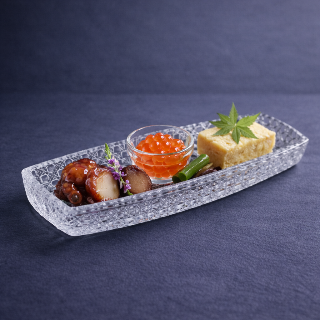 毬ページです。画像の硝子皿3枚 和硝子 籠目突出し皿 | MatsuBokkuri