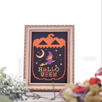 cross stitch DL図案「可愛い魔女のハロウィン」cross stitch  Halloween  ジャックオランタンの中に魔女