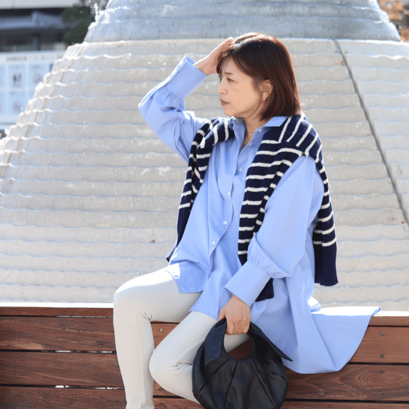 ブルーロングブラウス NSL26014(ワンピース) 80s COTTON VOILE STRIPE BANDED COLLAR GATHER