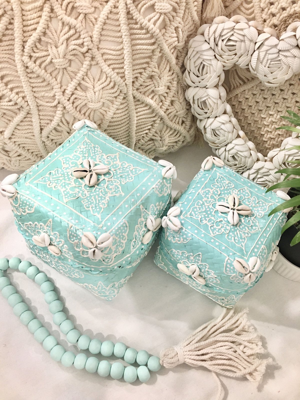 Fromバリ ビーズバスケット3点セット（ターコイズ）