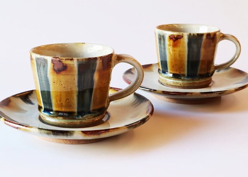 牛ノ戸焼　コーヒーカップ　ソーサー　2脚セット　民藝　陶芸　骨董品　中井窯　レア 牛ノ戸焼 コーヒーカップ ソーサー 2脚セット 民藝 陶芸 骨董品 中井