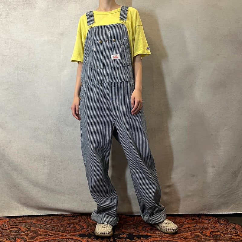 ROUND HOUSE ヒッコリーデニムオーバーオール/古着/実寸W48L30 ROUND HOUSE ヒッコリーデニムオーバーオール/古着/実寸W48L30