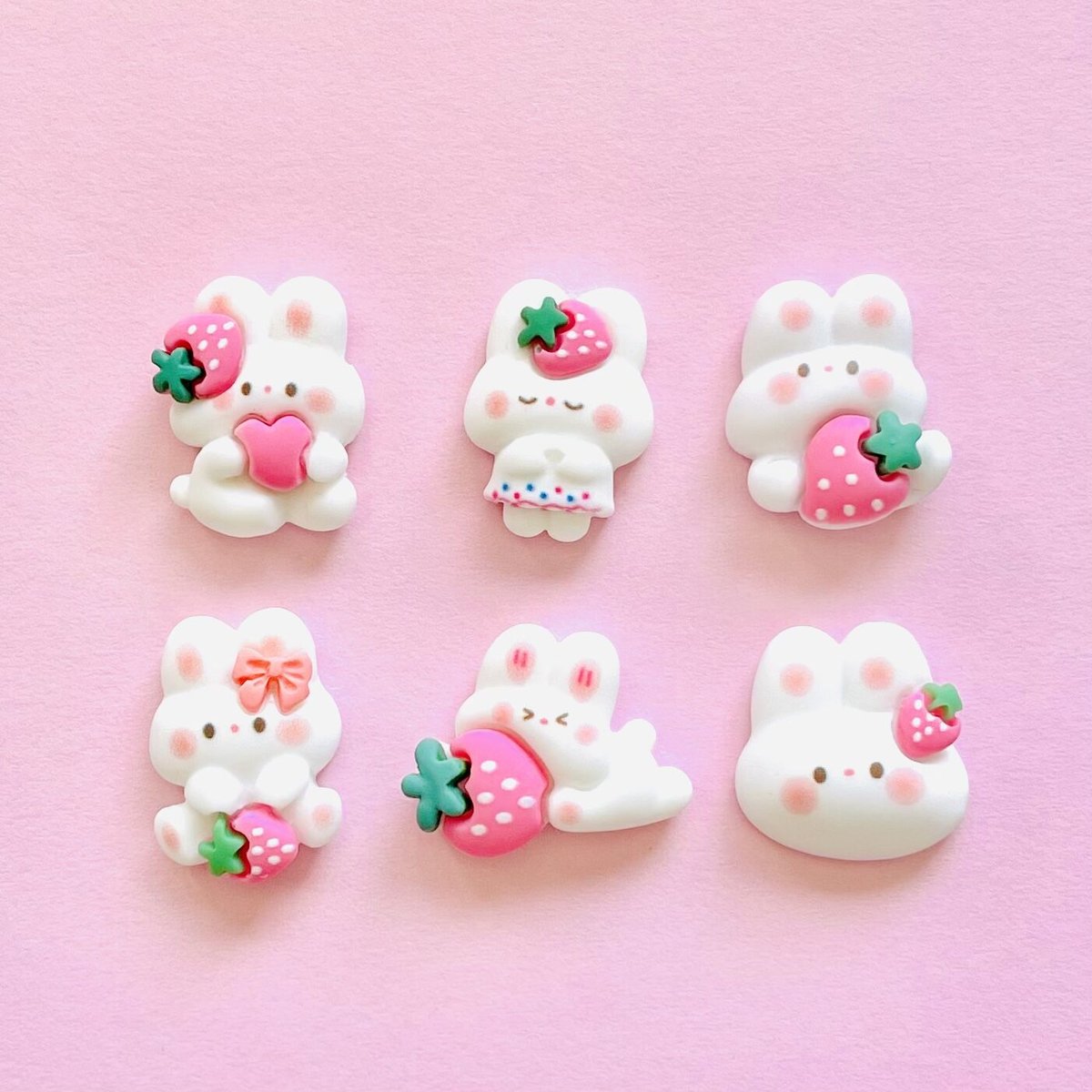 苺マシュマロ♡ピンクうさぎ 1個】白うさぎとピンクいちご／デコパーツ【6種】#085 | appia_pu