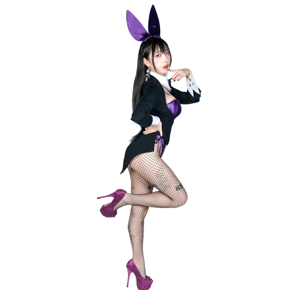 バニーガール 衣装 9点セット【ダークパープル】プレーン・サテン生地