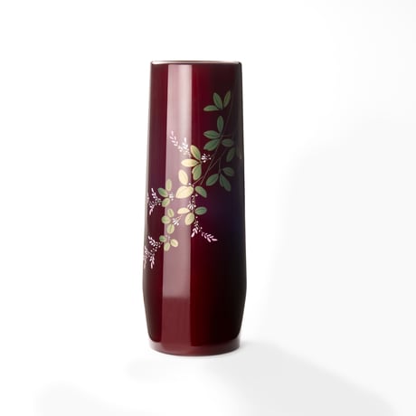 玉蟲塗 赤色ガラス様 花瓶 丸型 木製台座付き 鋳物？桐箱あり