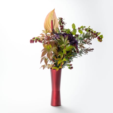 玉蟲塗 赤色ガラス様 花瓶 丸型 木製台座付き 鋳物？桐箱あり 玉蟲塗 赤色ガラス様 花瓶 丸型 木製台座付き 鋳物？桐箱あり