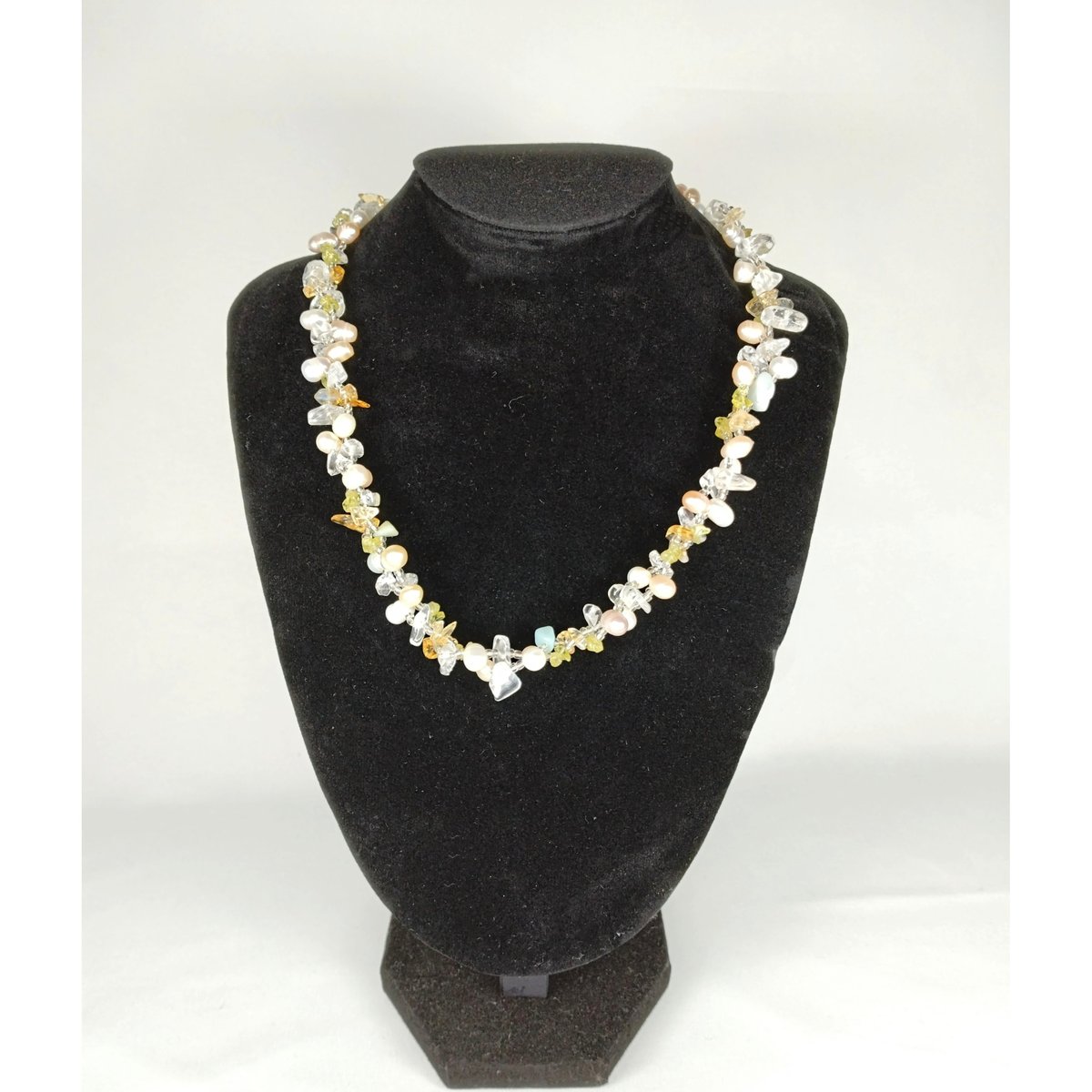 淡水パール＆天然石】2連ロングネックレス アクアマリン