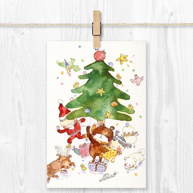 水彩紙のポストカード クリスマスツリーの下で P-0155 | こばやしあや