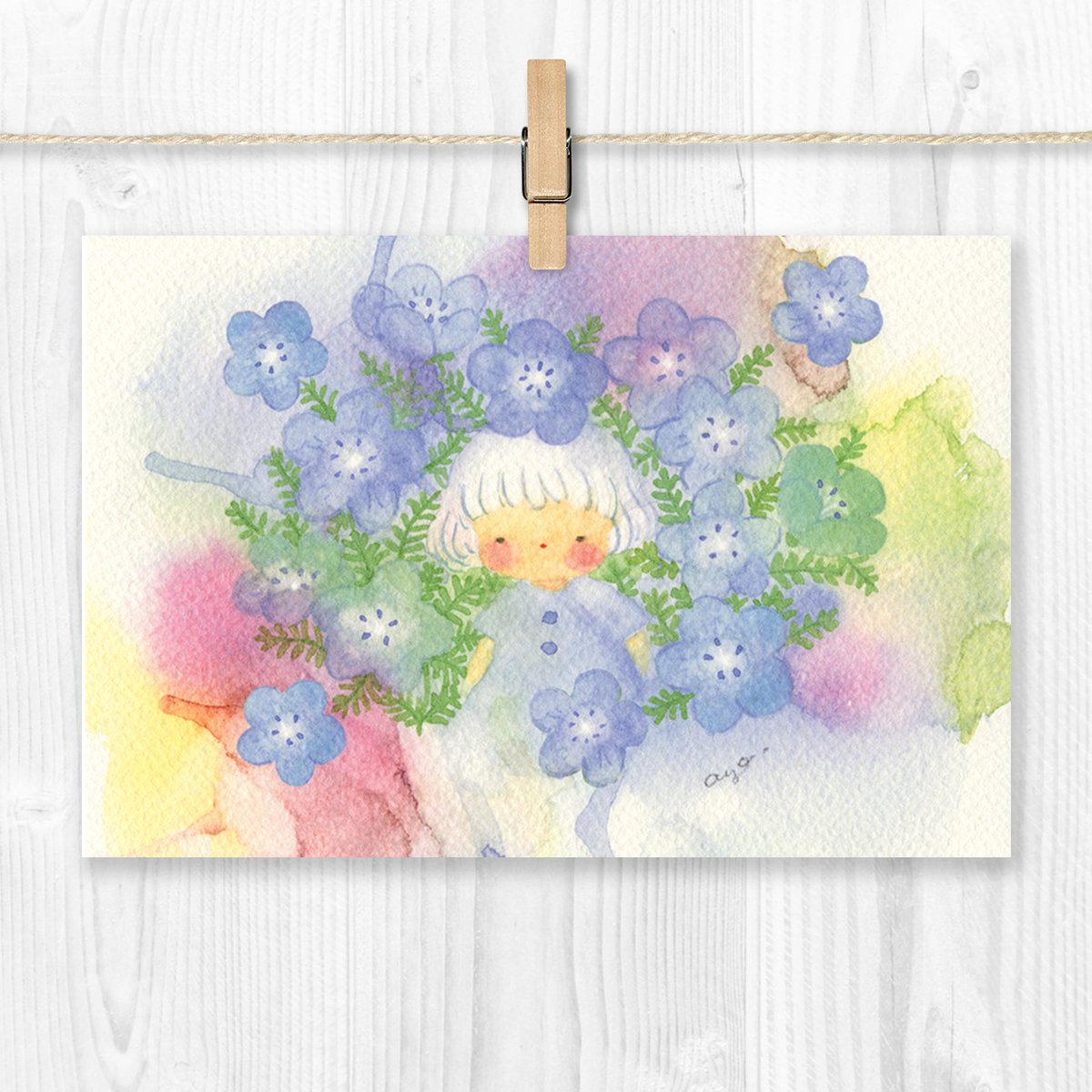メロン色に染まった三日月　(size ポストカード) 水彩画　原画 メロン色に染まった三日月 (size ポストカード) 水彩画 原画