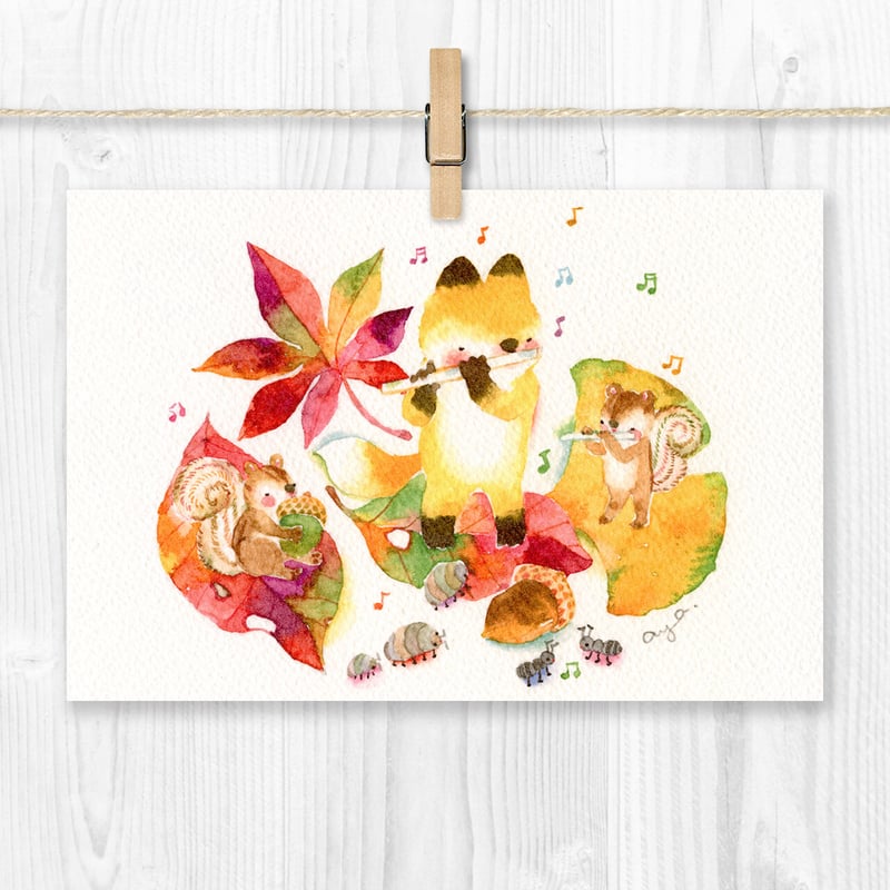 SALE⏬Larry LaBonte 写真8種＋時計＋ポストカード⬛︎直筆手紙付 水彩紙のポストカード フルート／秋の演奏会 P-0437 | こばやしあや