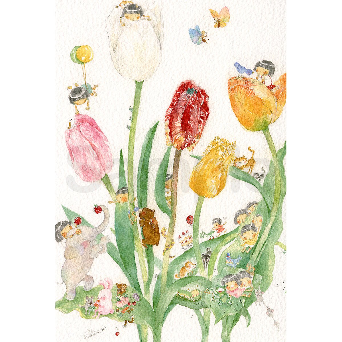 春霞にうっとりと咲いてsizeポストカード水彩画 線画 原画