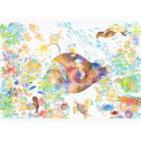 チョウチンアンコウの油絵【光の誘い】1 点物の原画アート/サイン入り◆額縁付属 チョウチンアンコウの油絵【光の誘い】1 点物の原画アート/サイン入り◇