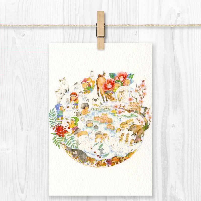 水彩紙のポストカード あたらしい気持ちで／雪山のお正月 P-0381