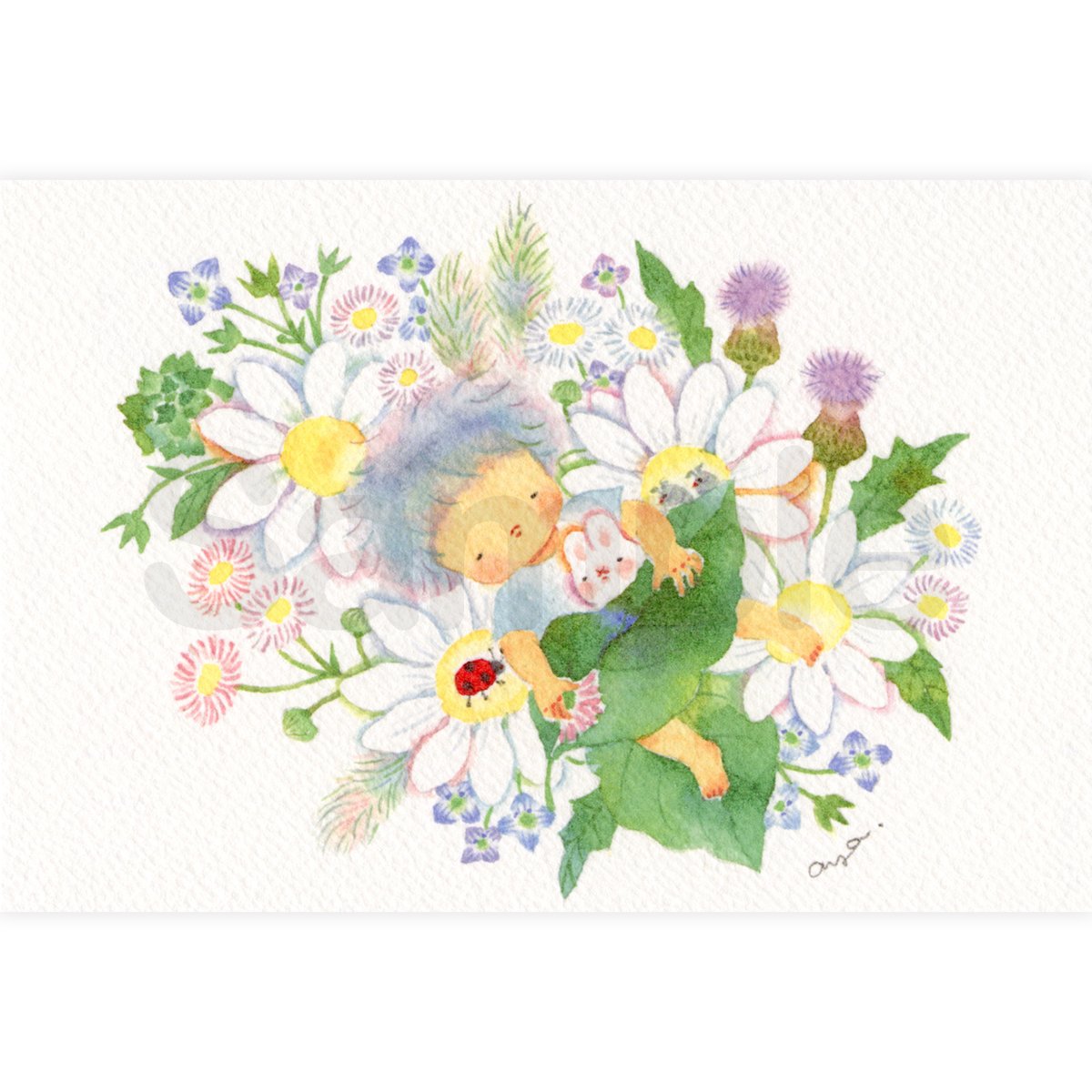 水彩紙のポストカード うさちゃんと野花でうたたね S-044 | こばやし