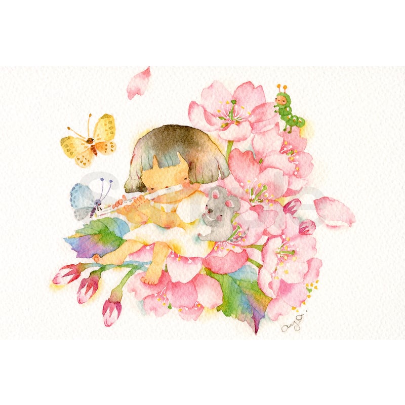 水彩紙のポストカード フルート／桜 P-0420 | こばやしあや ネットストア