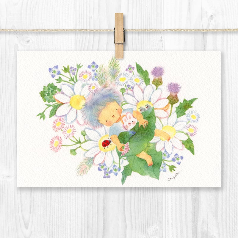 水彩紙のポストカード うさちゃんと野花でうたたね S-044 | こばやし