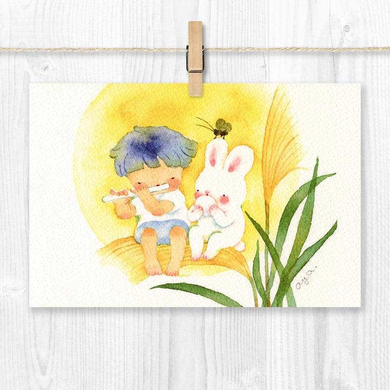 水彩紙のポストカード フルート／十五夜 P-0429 | こばやしあや ネット