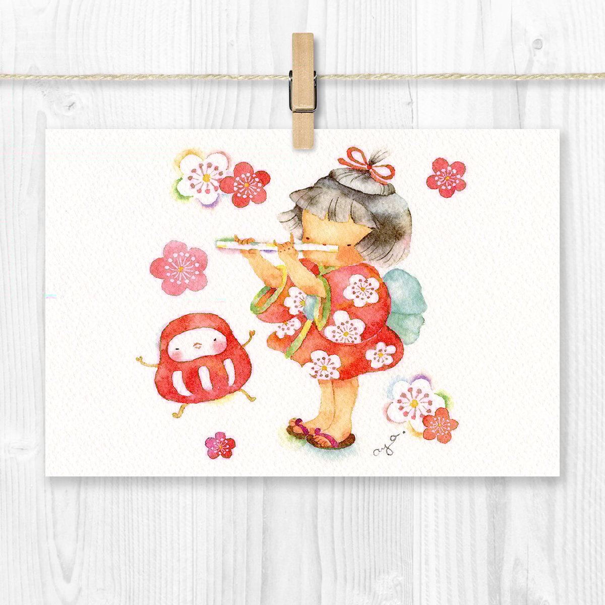 水彩紙のポストカード フルート／お正月とだるまさん P-0440