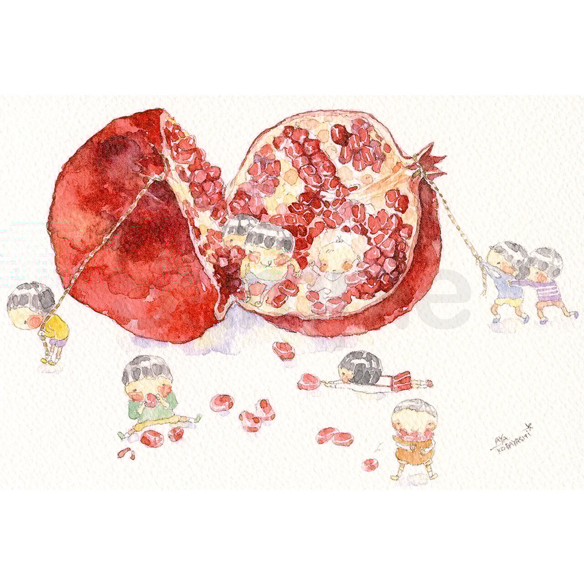 メロン色に染まった三日月　(size ポストカード) 水彩画　原画 ハガキ/ポストカード｜紙シリーズ｜はがき 箔 水鏡睡蓮柄