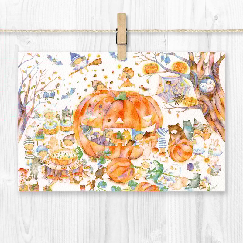 メロン色に染まった三日月　(size ポストカード) 水彩画　原画 メロン色に染まった三日月 (size ポストカード) 水彩画 原画