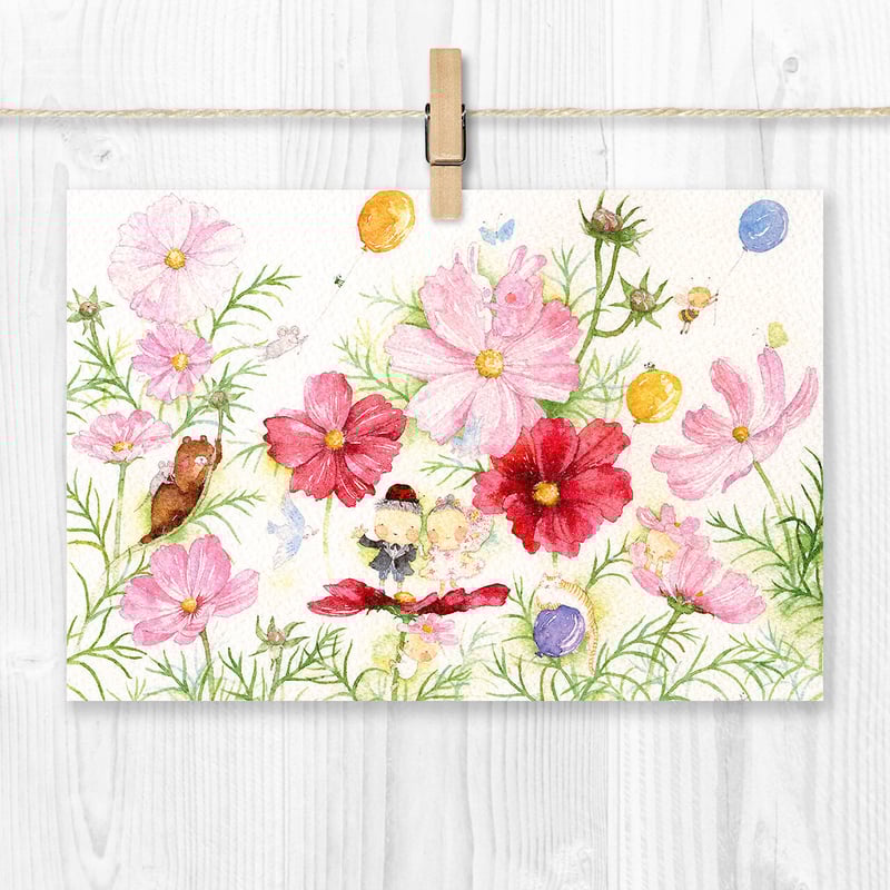 水彩紙のポストカード しあわせ／コスモス P-0215 | こばやしあや