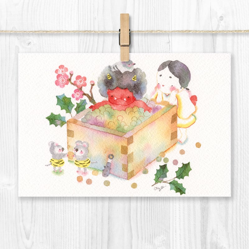 水彩紙のポストカード おまめのおふろで鬼さんのんびり P-0516