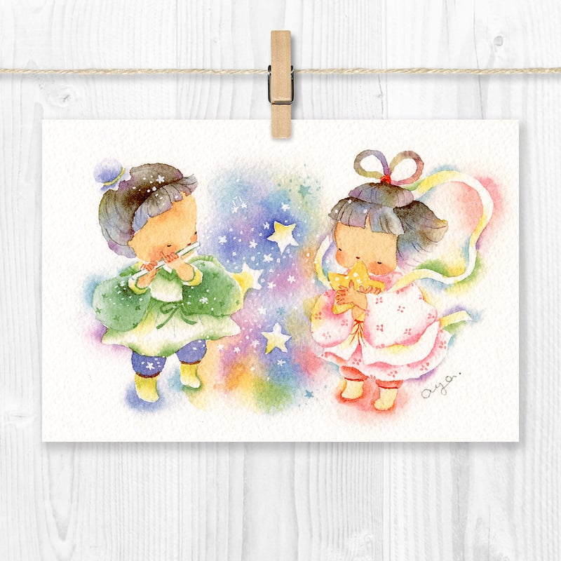 水彩紙のポストカード フルート／七夕 P-0427 | こばやしあや ネットストア