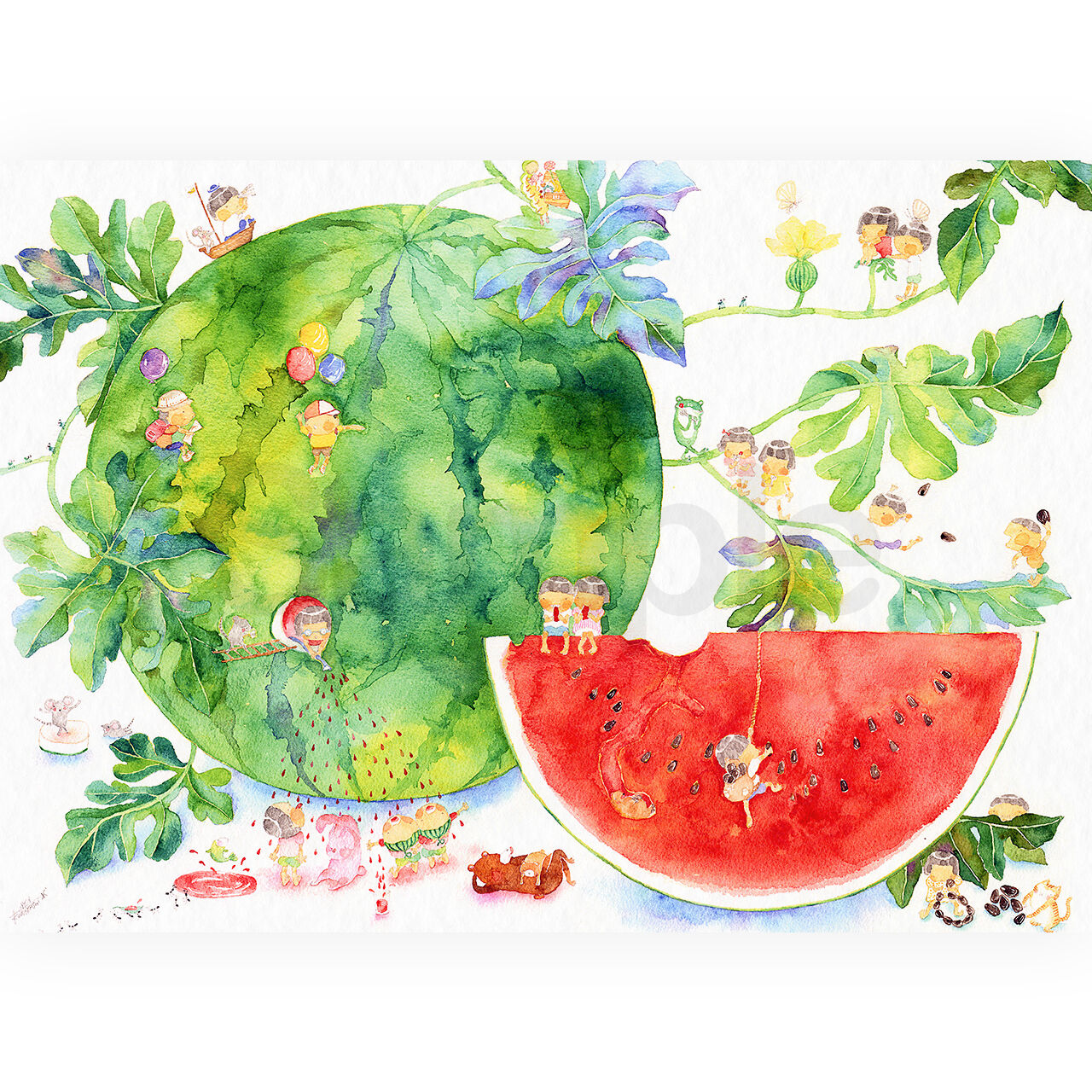 水彩画 原画 みんなでスイカたべよ！ original