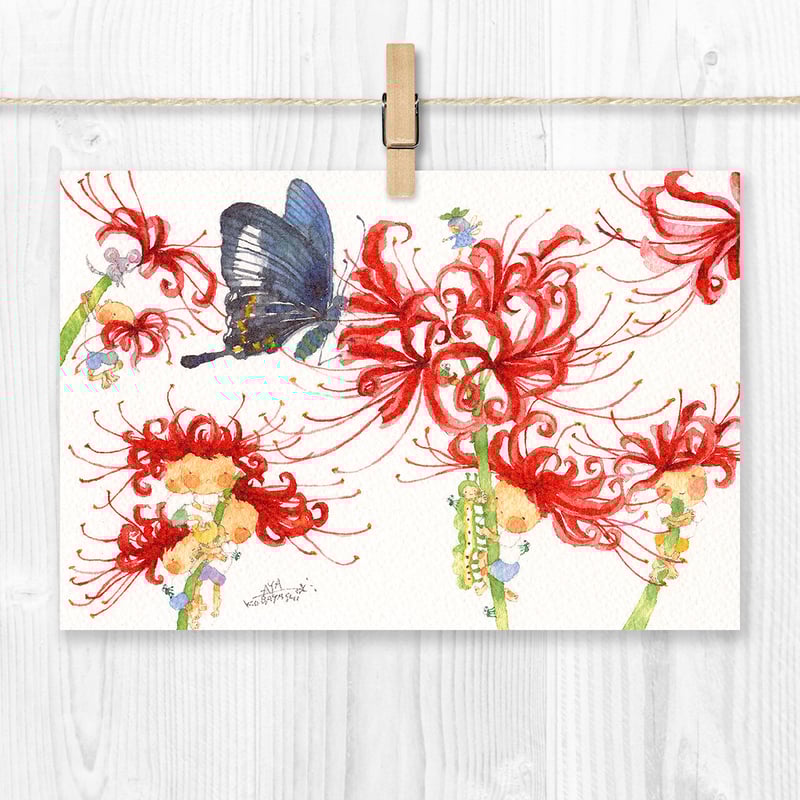 水彩紙のポストカード 彼岸花とぼくたち P-0236 | こばやしあや