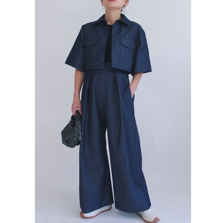 【Denim  tuck wide pants】Indigo