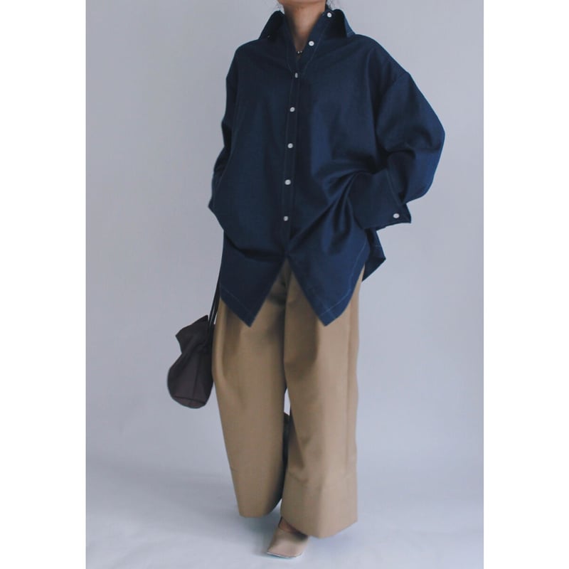 Bicolor stitch blouse】Navy | Rinyu